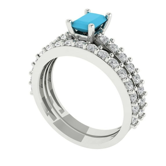 1.16 ct Brilliant Emerald Cut Turquoise 14k White Gold Solitaire with Accents Engagement Bridal Wedding Ring Band Set size 4.75