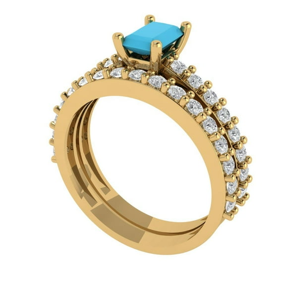 1.16 ct Brilliant Emerald Cut Turquoise 18K Yellow Gold Solitaire with Accents Engagement Bridal Wedding Ring Band Set size 3.75