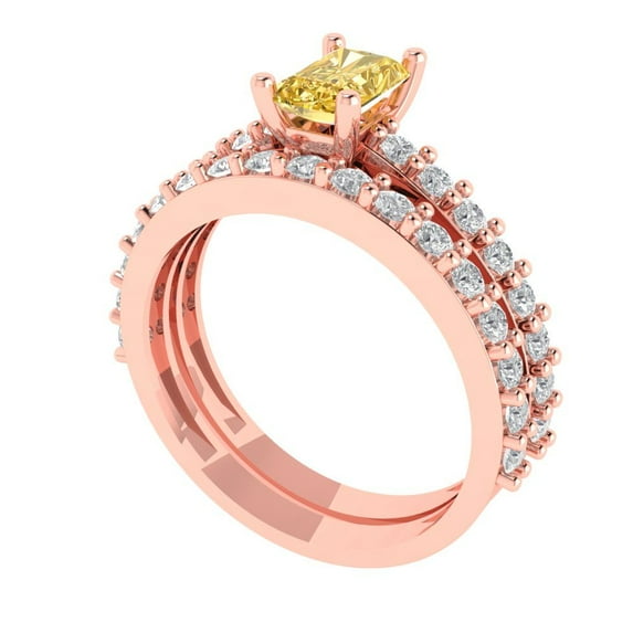 1.16 ct Brilliant Emerald Cut Yellow Zircon 14k Rose Gold Solitaire with Accents Engagement Bridal Wedding Ring Band Set size 8.25