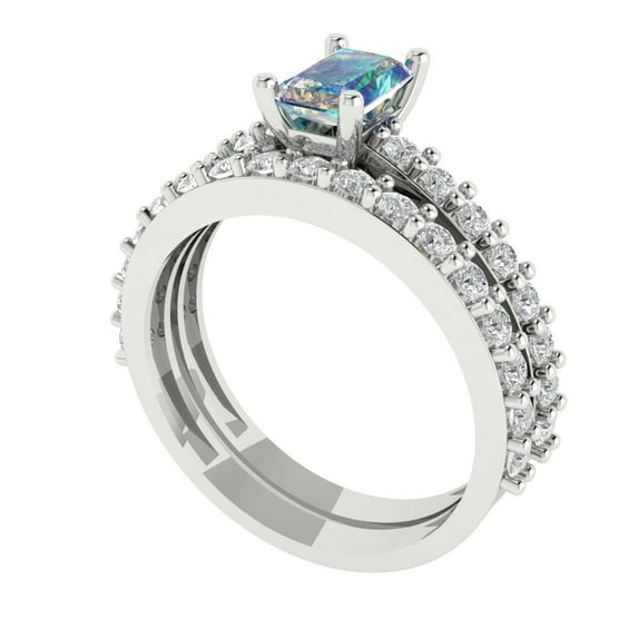 1.16 ct Brilliant Emerald Cut Blue Moissanite 14k White Gold Solitaire with Accents Engagement Bridal Wedding Ring Band Set size 10.25
