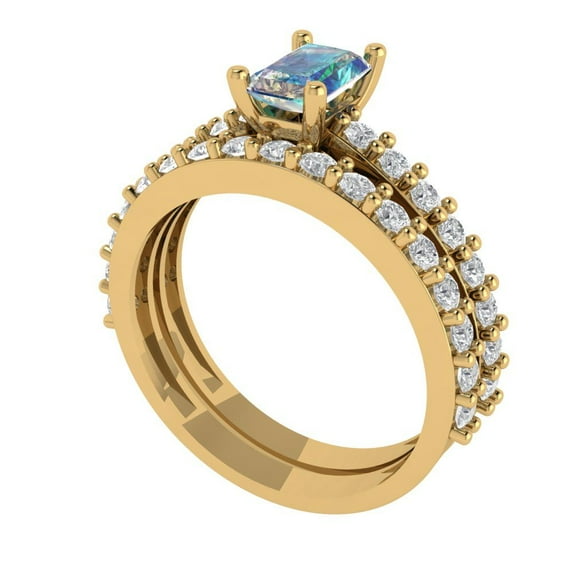 1.16 ct Brilliant Emerald Cut Blue Moissanite 14k Yellow Gold Solitaire with Accents Engagement Bridal Wedding Ring Band Set size 5.75