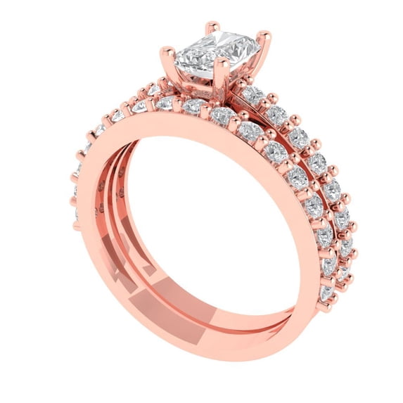 1.16 ct Brilliant Emerald Cut White Sapphire 14k Rose Gold Solitaire with Accents Engagement Bridal Wedding Ring Band Set size 7.5