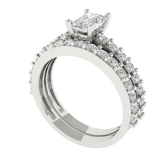 1.16 ct Brilliant Emerald Cut White Sapphire 18K White Gold Solitaire with Accents Engagement Bridal Wedding Ring Band Set size 7