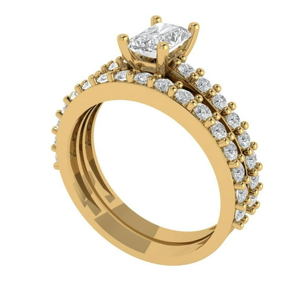 1.16 ct Brilliant Emerald Cut White Sapphire 18K Yellow Gold Solitaire with Accents Engagement Bridal Wedding Ring Band Set size 7.5