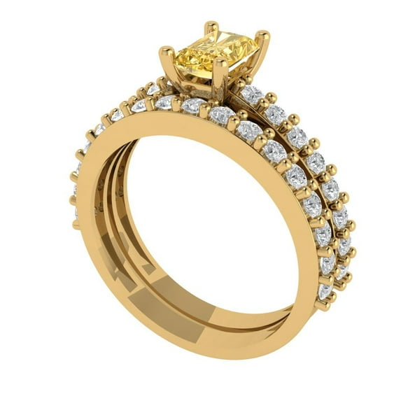 1.16 ct Brilliant Emerald Cut Yellow Moissanite 14k Yellow Gold Solitaire with Accents Engagement Bridal Wedding Ring Band Set size 10.25