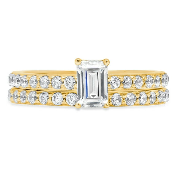1.16 ct Emerald Cut Genuine Cultured Diamond SI1-SI2 I-J 18K Yellow Gold Engagement Wedding Bridal Set Designer Ring bW/ Set W/ Crystal side stones size 4