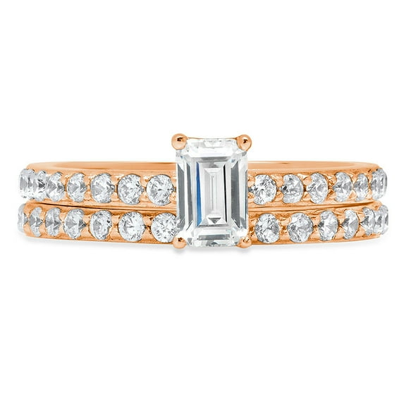 1.16 ct Emerald Cut Genuine Cultured Diamond VS1-VS2 G-H 14K Rose Gold Engagement Wedding Bridal Set Designer Ring bW/ Set W/ Crystal side stones size 10