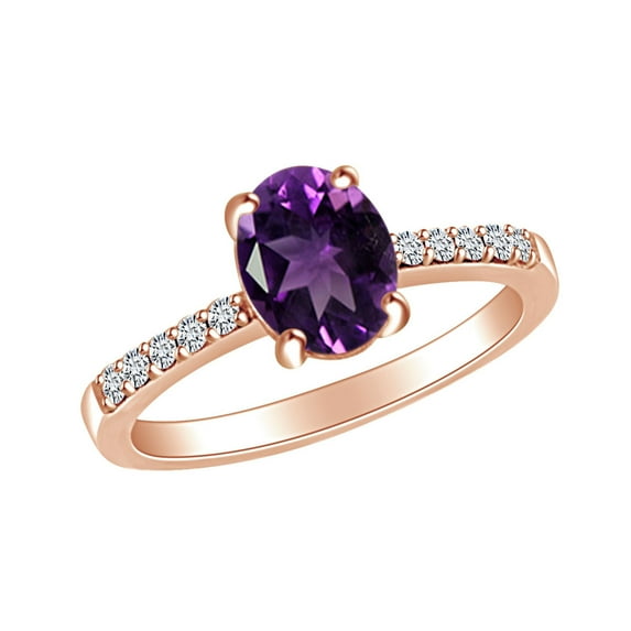AFFY 1.17 Carat (Ctw) Simulated Amethyst & White Natural Diamond Solitaire Engagement Ring In 14k Solid Rose Gold Ring Size-9.5