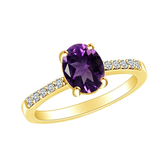 AFFY 1.17 Carat (Ctw) Simulated Amethyst & White Natural Diamond Solitaire Engagement Ring In 14k Solid Yellow Gold Ring Size-5.5