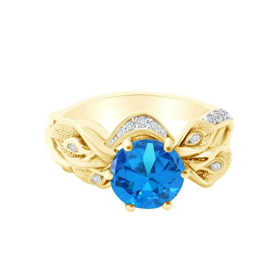 AFFY 1.17 Carat Round Shape Simulated Blue Topaz & Natural Diamond Engagement Ring 14K Solid Yellow Gold Ring Size-10