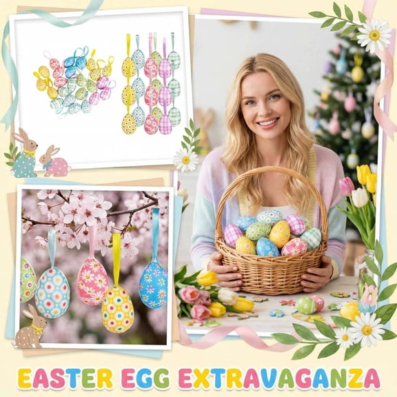 1.18*1.96IN Easter Egg Pendant, 24PCS Foam Egg Party Decoration, Colorful Egg Hanging Decorations for Egg-Hunting Games, Party Small Gifts, Basket Fillers and Spring Decorations