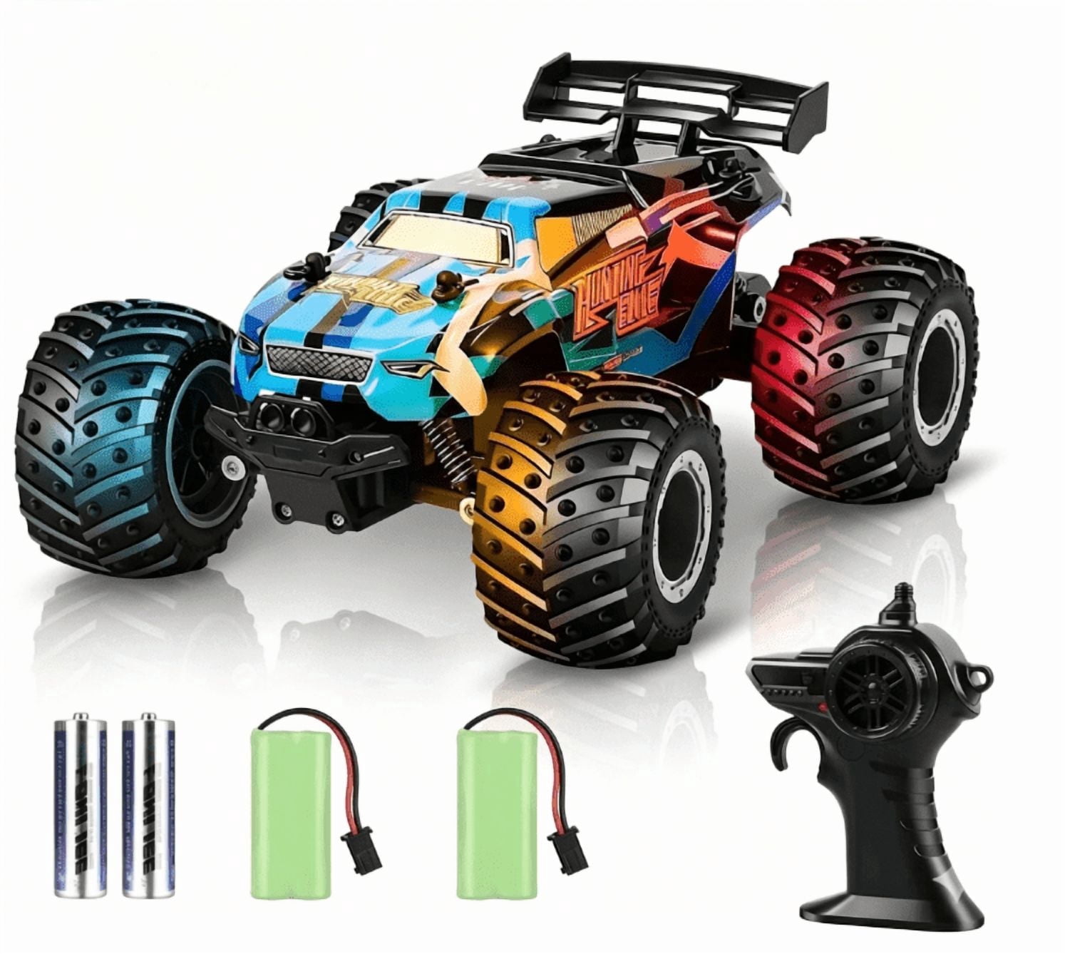 2.4GHz Remote Control Monster Truck, 20KM/H All Terrain Off-Road RC Car with LED Lights, 2 Rechargeable Batteries for Boys