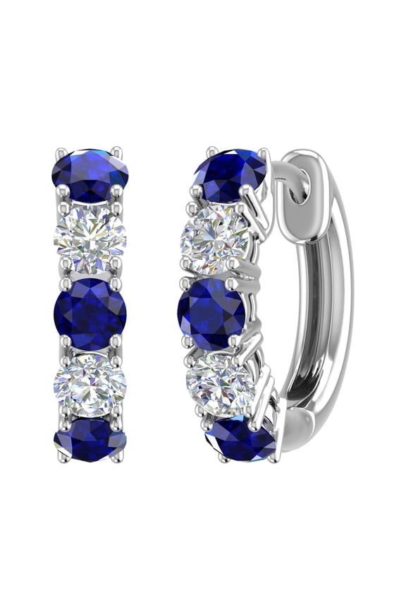 1.18 Carat Blue Sapphire & White Diamond Hoop Earrings in 14K White Gold (SI1-SI2 Clarity)