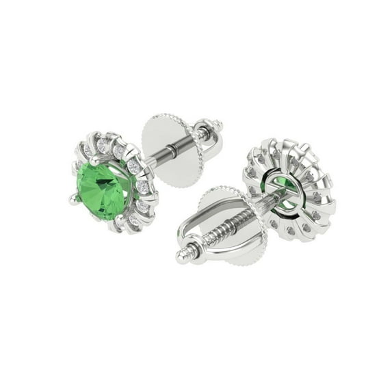 1.18 Ct Round Cut Halo Studs Green Crystal 18K White Solid Gold Everyday Dainty Earrings Screw Back