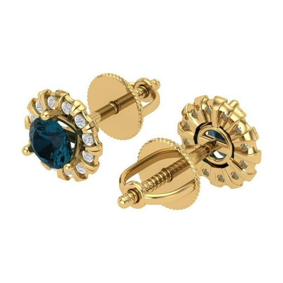 1.18 Ct Round Cut Halo Studs Natural London Blue Topaz 14K Yellow Solid Solid Gold Everyday Dainty Earrings Screw Back