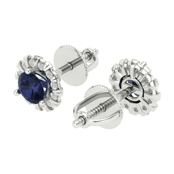 1.18 Ct Round Cut Halo Studs Blue Sapphire 18K White Solid Solid Gold Everyday Dainty Earrings Screw Back