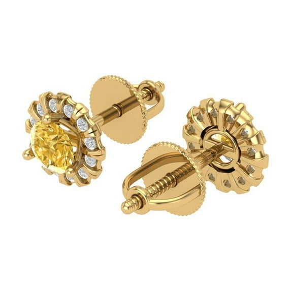 1.18 Ct Round Cut Halo Studs Yellow Natural Citrine 14K Yellow Solid Solid Gold Everyday Dainty Earrings Screw Back