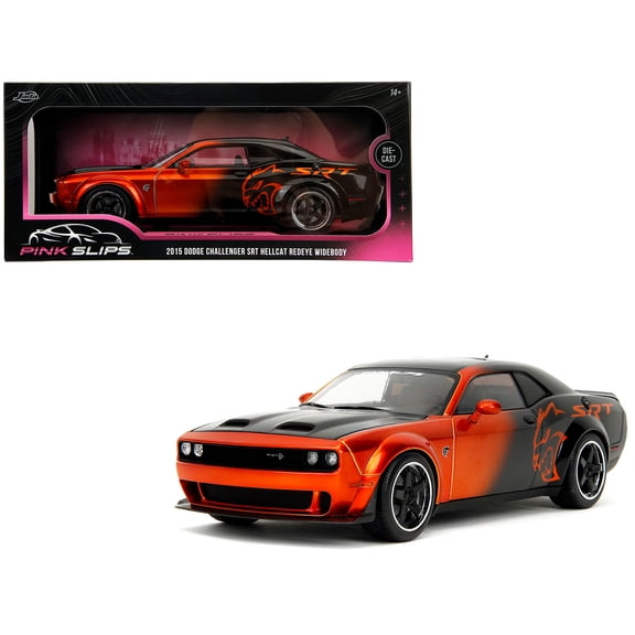1/18 Diecast Model Car Dodge Challenger SRT Hellcat Orange Metallic and Black "Pink Slips" Series by Jada