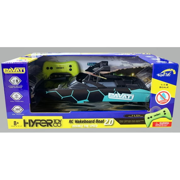 Hyper Toy Company, Pavati 2.0 RC Wakeboard Boat, 1:18 Scale with Remote and Battery, Blue/Black