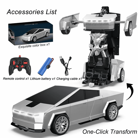 Cyber Truck Robot Car, Funtogether Toys 1:18 Transforming RC Car, One-Click Deformation Cyber Truck for Kid with LED Lights, Stem Gift for Boys