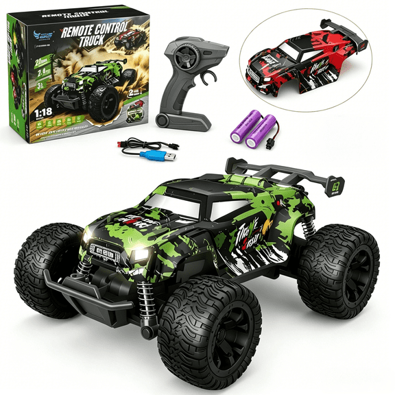 1:18 RC Off Road Truck, High Speed Remote Control Car with 2 Rechargeable Batteries, 2 Interchangeable Color Body Shells, All Terrain Monster Truck Vehicle Gift for Boys 6+