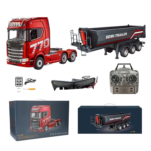 1/18 RC Semi Truck with Trailer, 2.4G 6x4 770S Heavy Duty Tractor Truck with Light, RWD Remote Control Semi-Truck Trailer for Adults, RC Construction Vehicle -RTR