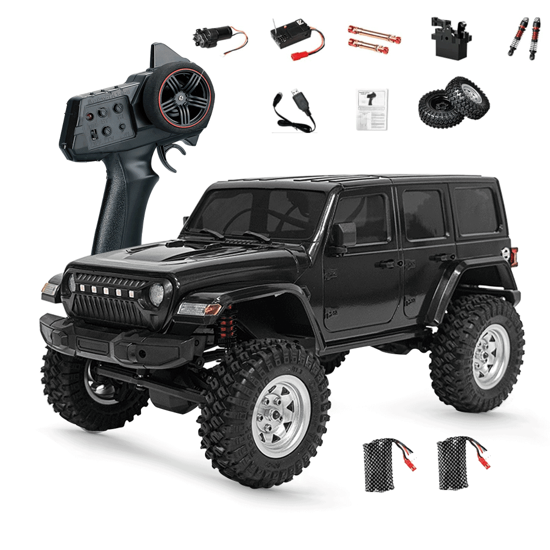 1/18 Scale 4WD RC Rock Crawler Off-Road Truck for Wrangler-Style with High Torque Brushed Motor, Waterproof ESC, LED Light, All Terrain Climbing Car -RTR /2 Batteries