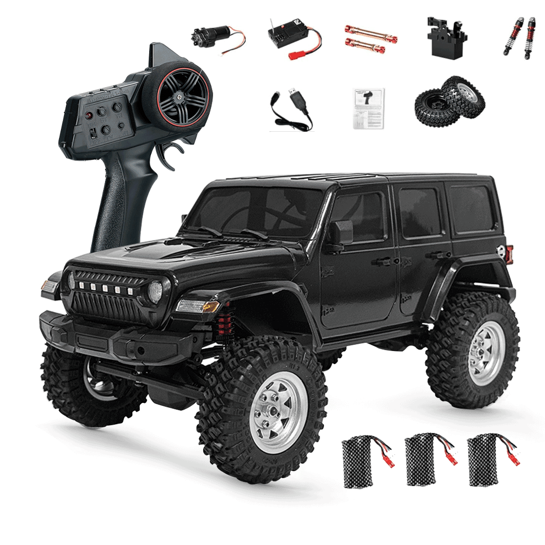 1/18 Scale 4WD RC Rock Crawler Off-Road Truck for Wrangler-Style with High Torque Brushed Motor, Waterproof ESC, LED Light, All Terrain Climbing Car -RTR /3 Batteries