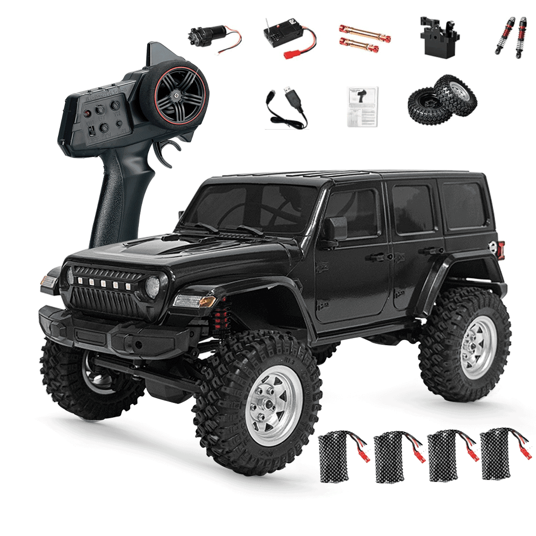 1/18 Scale 4WD RC Rock Crawler Off-Road Truck for Wrangler-Style with High Torque Brushed Motor, Waterproof ESC, LED Light, All Terrain Climbing Car -RTR /4 Batteries