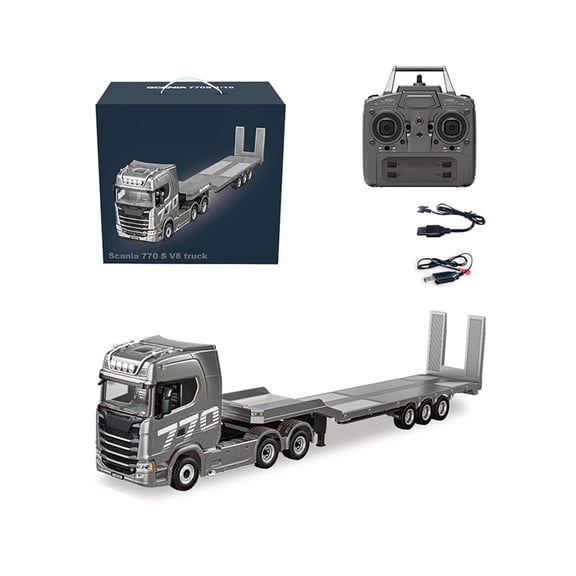 1/18 Scale Heavy-Duty RC Semi Truck 770S With Flatbed Trailer 6x4 Tractor Hauler 2.4GHz Remote Control Truck LED Lights Sound Effects 20-30 Min Runtime For Indoor Outdoor Driving- Silver / 1501A