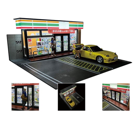 1/18 Scale Miniature Retail Store Display Diorama With LED Lights And Double Parking Area, Detailed Urban Scene Model For Vehicle Collections, Shelf Decor And Photography Displays