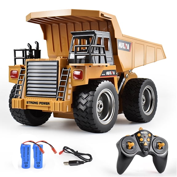 1:18 Scale RC Dump Truck Toy, 9 Channel Remote Control Construction Vehicle with 4WD, Metal Cab, Working Dump Bed, Lights & Sounds, Rechargeable Battery Powered Engineering Truck for Kids