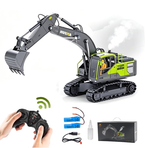 1:18 Scale Remote Control Excavator, 13 Channel RC Construction Truck with Realistic Arm & Bucket Movement, Full Function Engineering Vehicle Toy for Kids With 2 Batteries