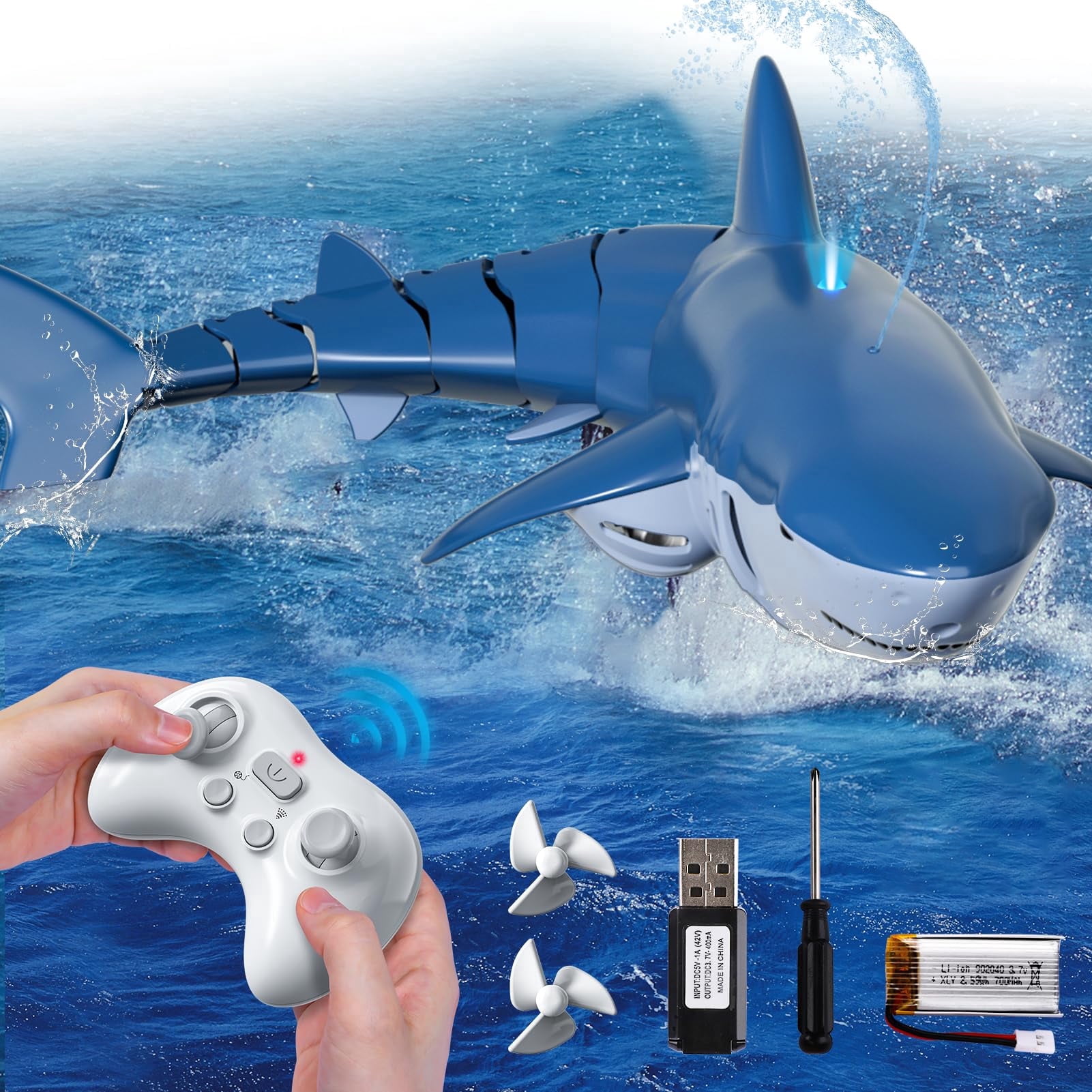 1:18 Scale Remote Control Shark Toy with Water Spray and Light for Pool, 2.4GHz RC Boat Water Toy for Boys Girls Kids