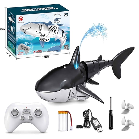 1:18 Scale Remote Control Shark Toy with Water Spray and Light for Pool, 2.4GHz RC Boat Water Toy for Boys Girls Kids