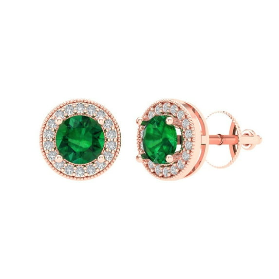 1.18 ct Screw-Back Stud Earrings for Women | 5mm Round Cut Simulated Emerald | 18K Rose Gold
