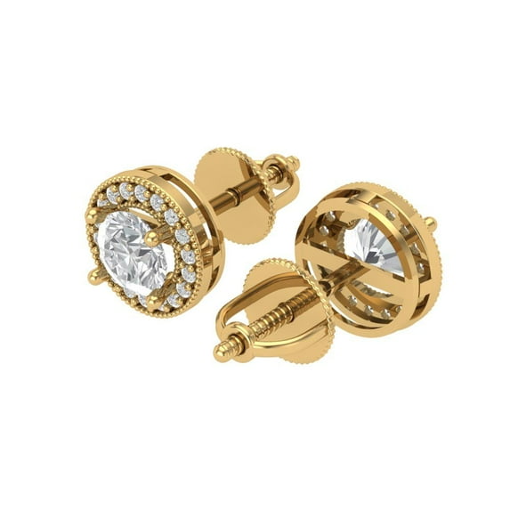 1.18Ct Round Cut Halo Studs White Sapphire 14K Yellow Solid Solid Gold Everyday Dainty Earrings Screw Back