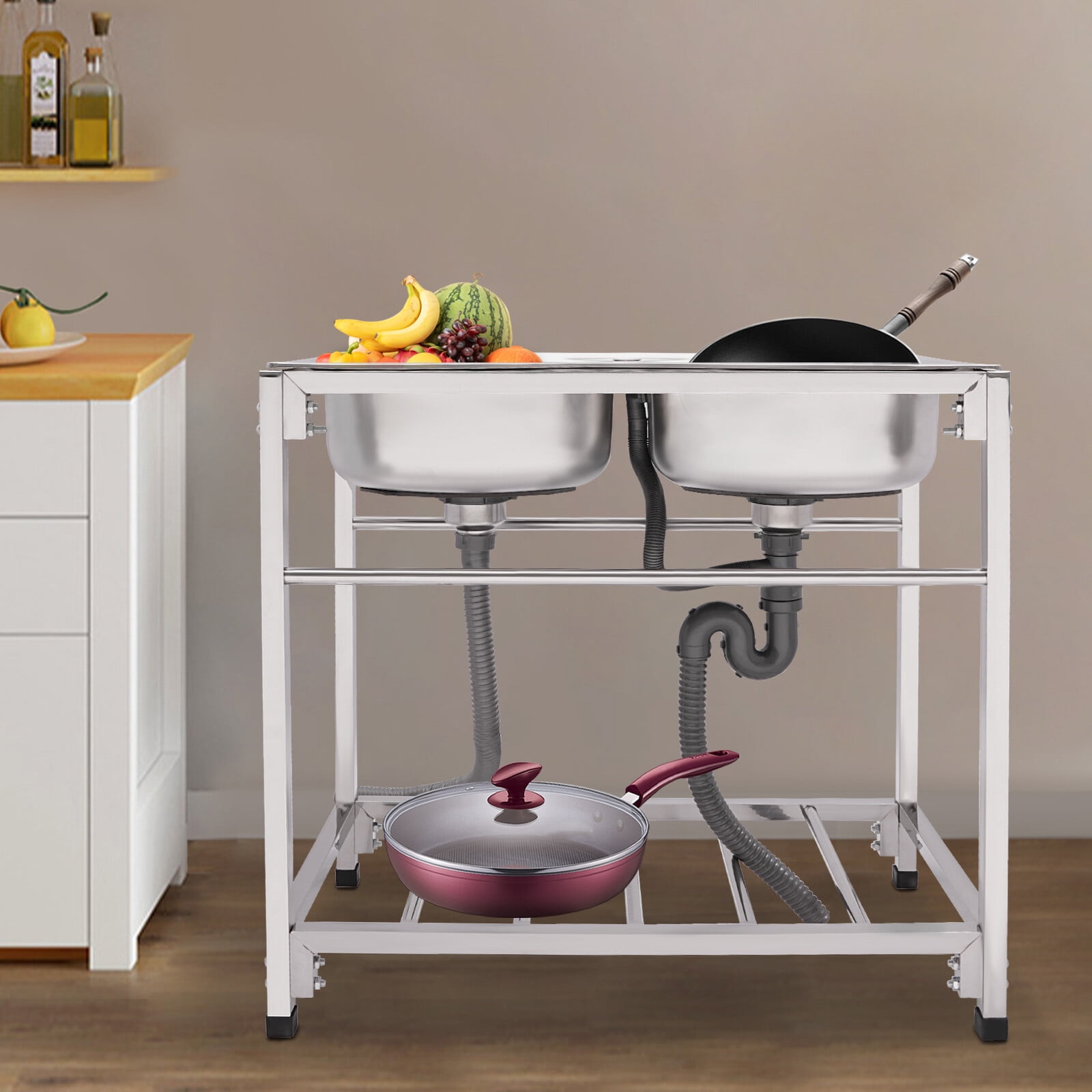 1.18in Adjustable Height Double Bowl Utility Sink Commercial Stainless Steel Sink for Stores Garages Utility Rooms