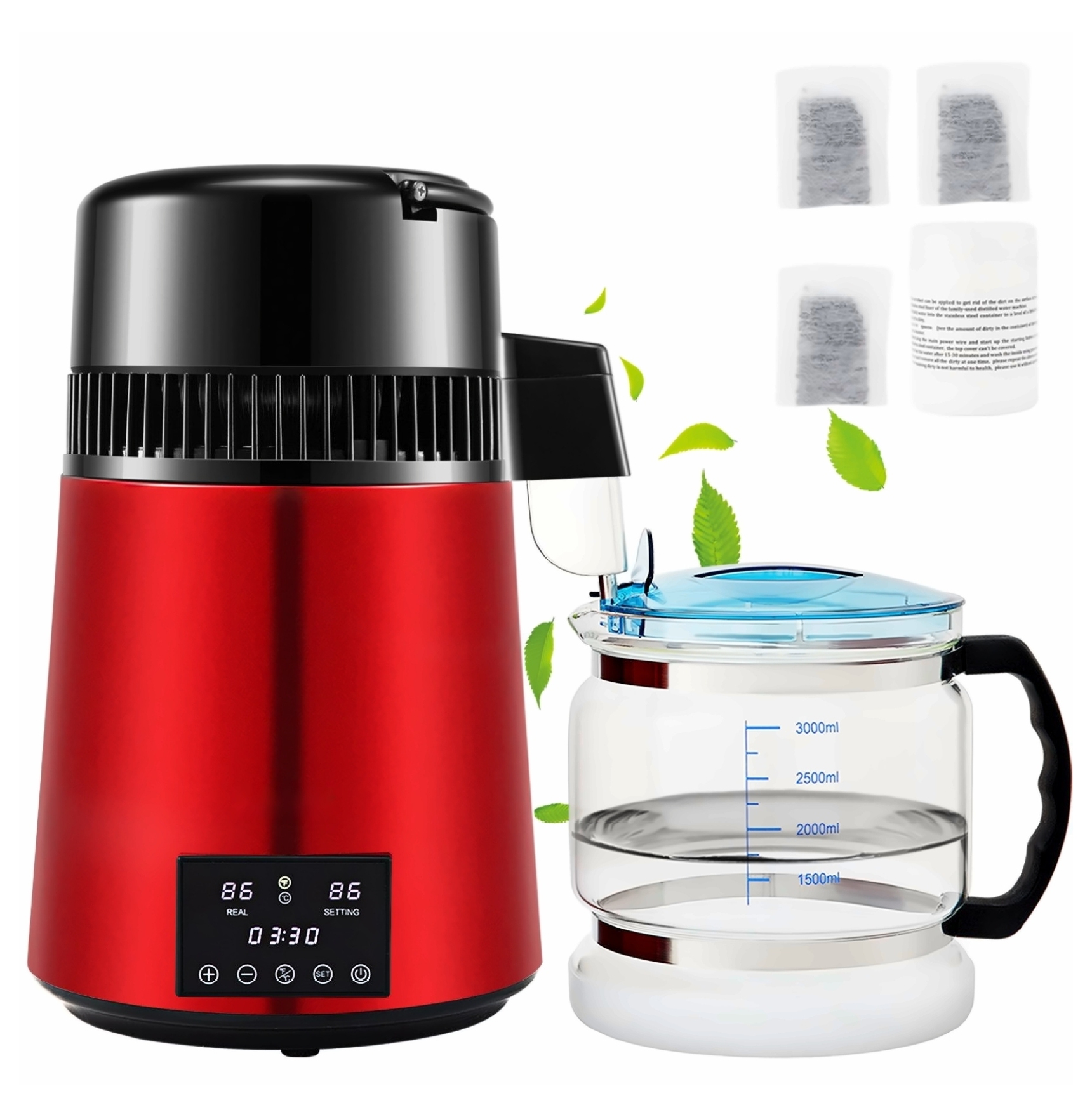 1.1Gal Water Distiller, 750W Distilled Water Maker, 1L/H, Timing & Temp Control, 304 Stainless Steel, Glass Carafe, Cleaning Powder & Carbon Filters