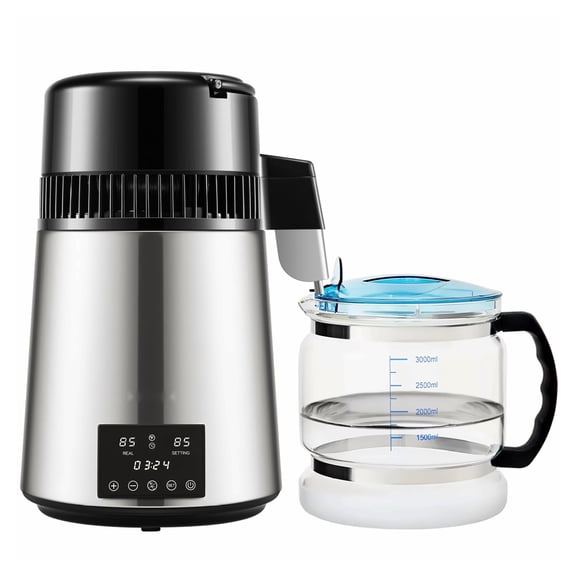 1.1Gal Water Distiller, 750W Stainless Steel Distilled Water Maker, 1L/H Speed, 0-99H Timer, Dual Temp Display, Glass Carafe, Carbon Filter Kit