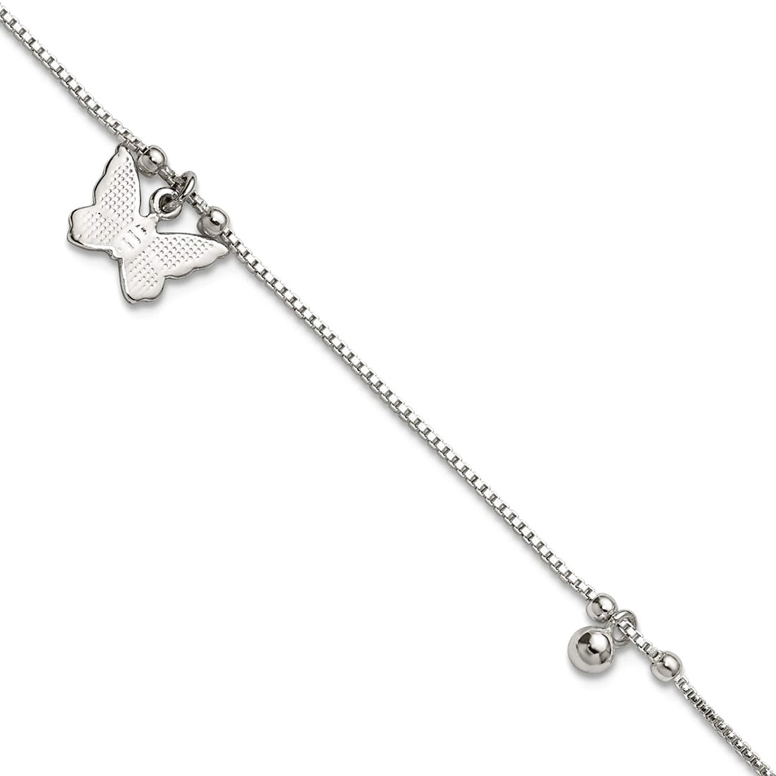 1.1mm 925 Sterling Silver Textured and Beaded Butterfly Angel Wings Plus 1in Extension Anklet 9 Inch Anklet for Women