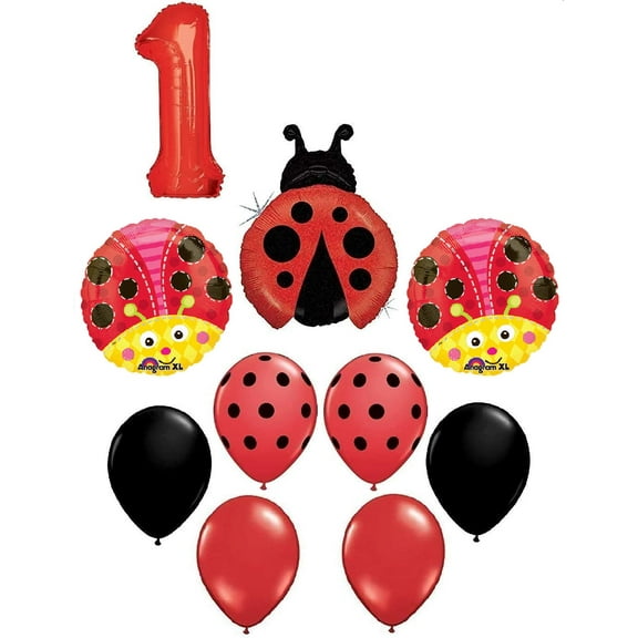 #1 1st Ladybug Lady Bug Polka Dots Birthday Party 10 Piece Mylar and Latex Balloons Set Kit