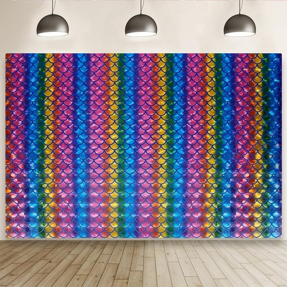 1.1x1.7 Yard Scales Background Fabric Blue Polyester Hologram Fish Scale Fabric Fish Scales with Colorful Rainbow Stripe Tablecloth Wall Decor Party Banner Photo Props Making DIY