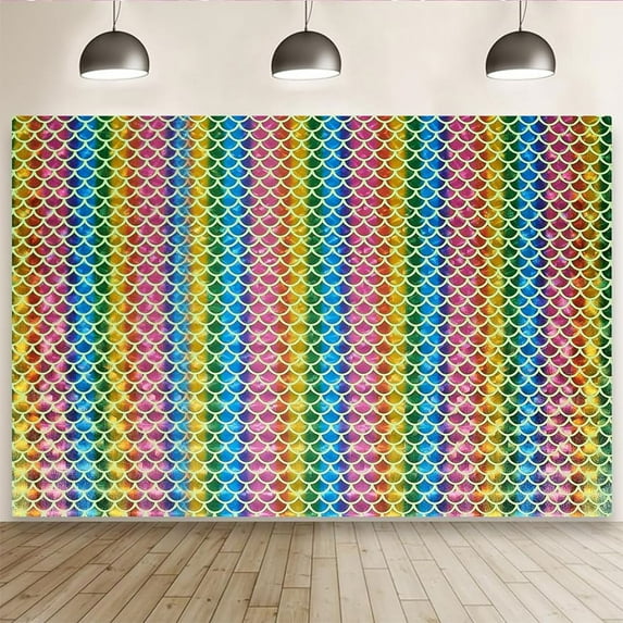 1.1x1.7Yard Mermaid Scales Background Fabric Sky Blue Polyester Hologram Fish Scale Fabric Mermaid Fish Scales with Colorful Rainbow Stripe Tablecloth Decor Party Banner Photo Props