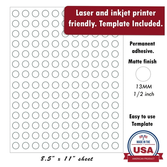1/2 (0.5) Round White Printable Labels with Template Included for Laser or Inkjet Printer, 1010 Pack