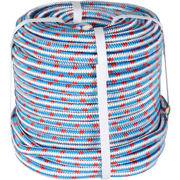1/2 in 100 Ft Double Braided Polyester Rope, 16-Strand Polyester Arborist Bull Rope Heavy Duty Rope Boat Rope for Hiking, Camping, Lanyard Etc Red/White/Blue