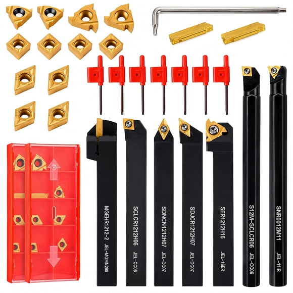 1/2" (12mm) Indexable Lathe Turning Tool Set, 21-Piece Metal Lathe Tool Holder Kit with Carbide Inserts for Turning, Grooving, Boring & Threading