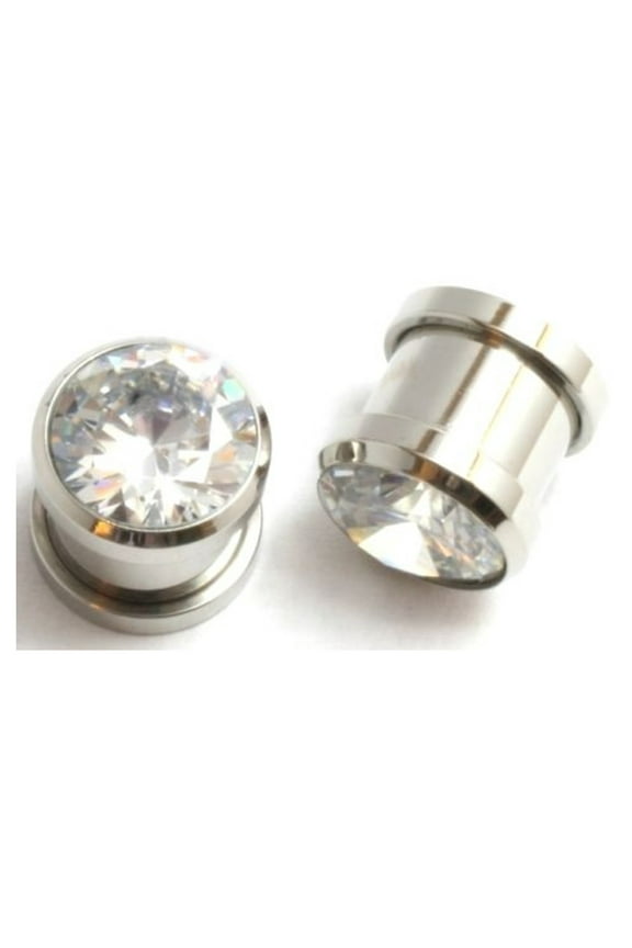 1/2" 12mm Pair Surgical Steel CZ Gem Screw Fit Steel Tunnels Ear Plugs Gauges