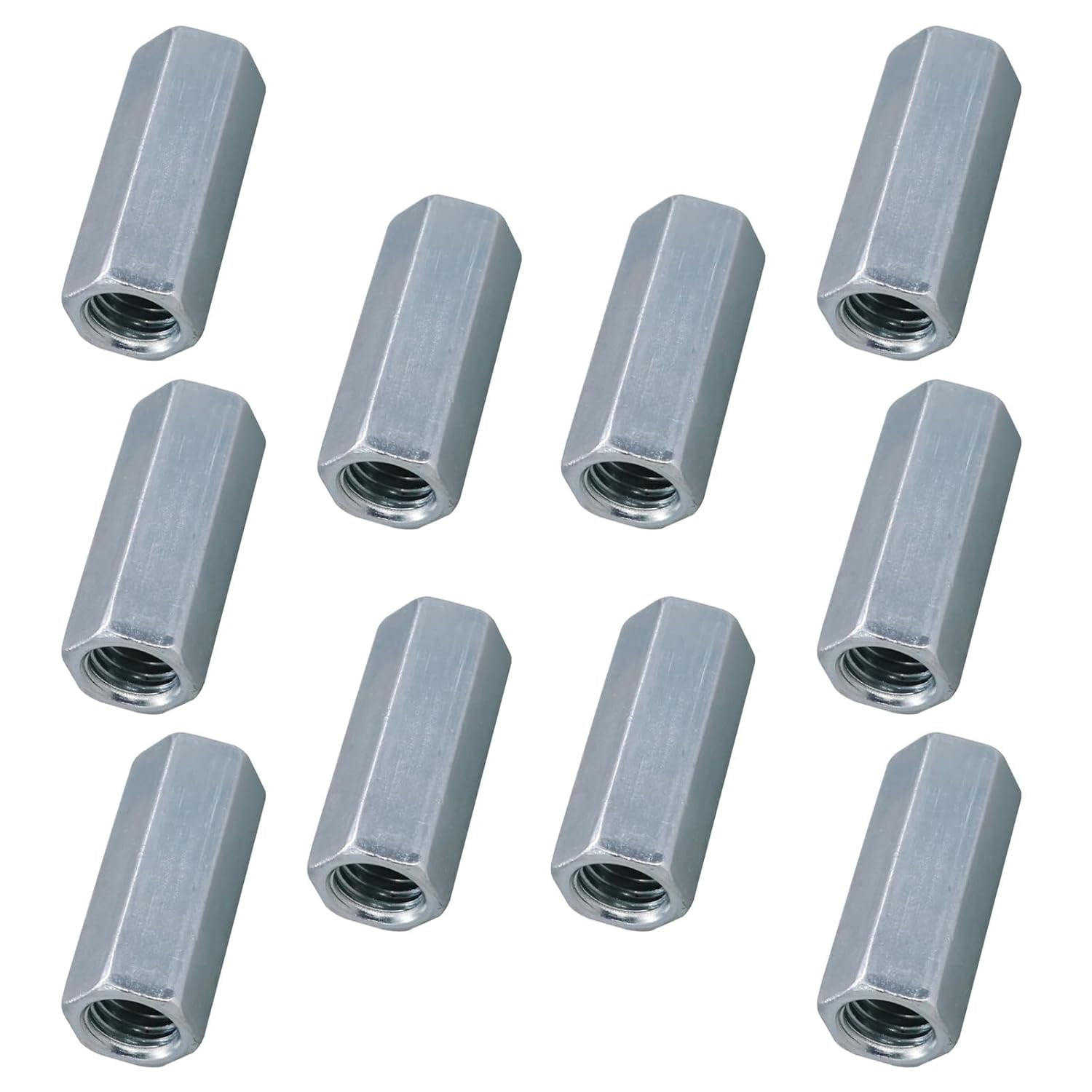 1/2”-13 Coupling Nuts, 1.73" Length UNC Coarse Threaded Hex Fastener for Rods and Studs, Zinc Plated Carbon Steel Connector, 10PCS