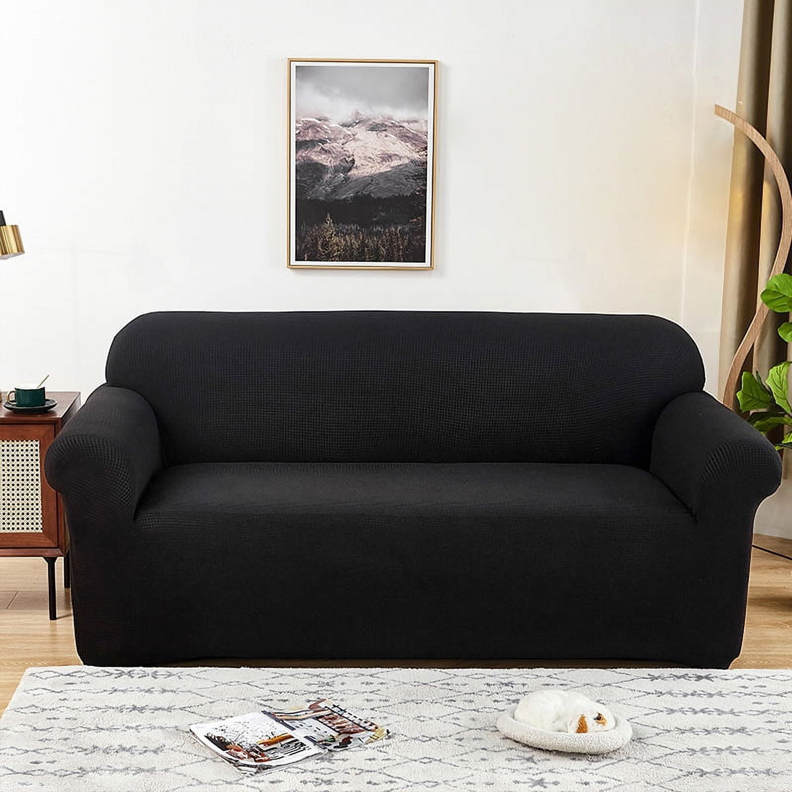 1/2/3/4 Seater Soft Touch Plush Stretch Fabric Sofa Cover, Nonslip Luxury Thick Stretch Sofa Slipcovers Ultra Soft Plush Couch Protector with Elastic Band, Perfect for Home Decor,Black, 1-Piece